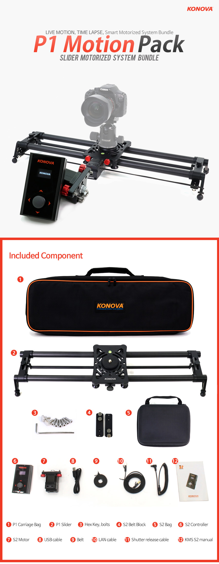 Konova P1 KMS S2 Motorized Carbon Camera Slider รางสไลด์พร้อมชุดมอเตอร์ไฟฟ้า วัสดุคาร์บอนไฟเบอร์ รับน้ำหนักได้ถึง 10 กิโล พร้อมฟังก์ชั่น Parallax แพนตามวัตถุอัตโนมัติ รีโมทคอนโทรล โหมด Manual, Auto และ Timelapse ราคา 11900 บาท