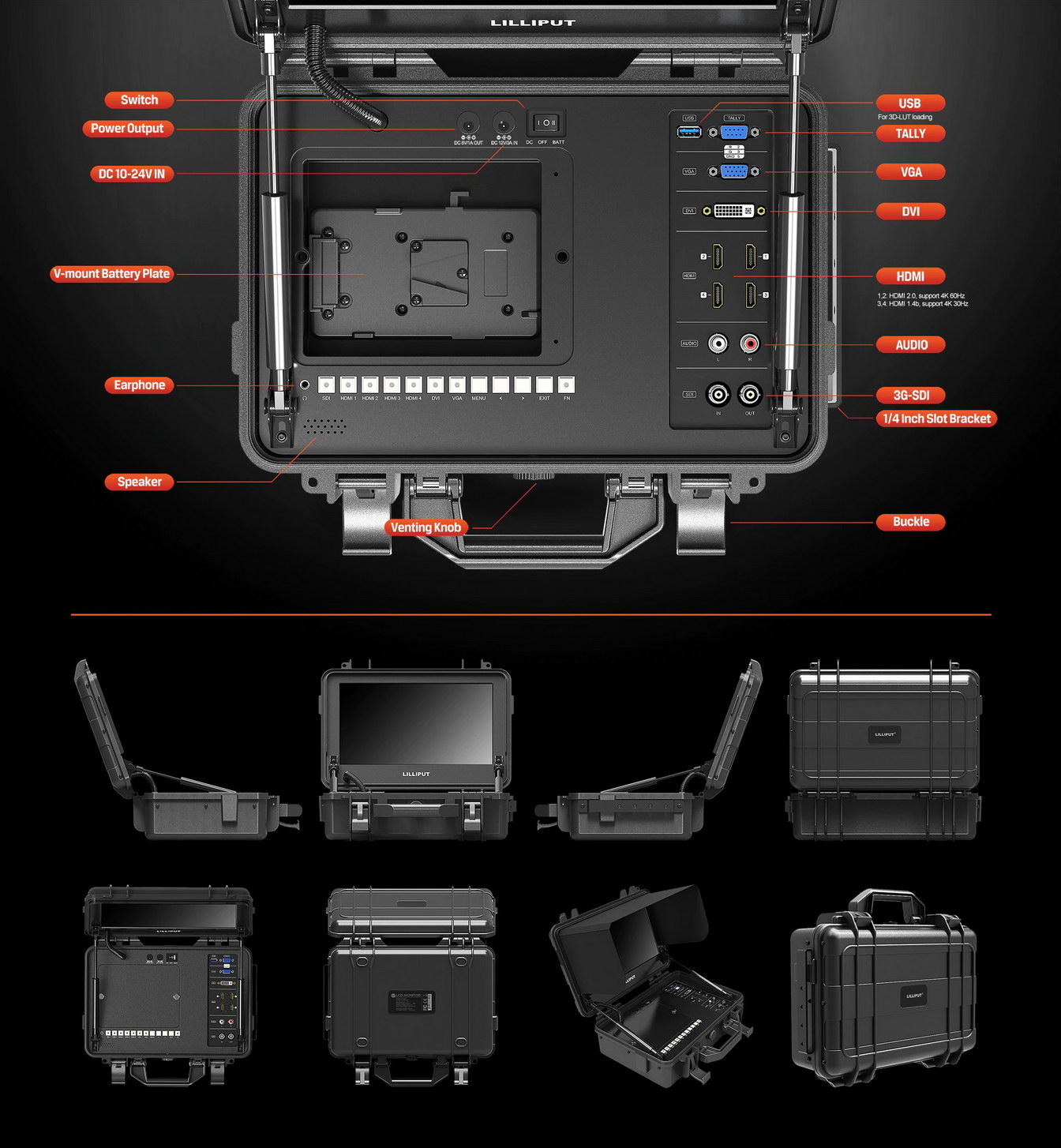 Lilliput BM120-4KS 12.5 inches 4K HDMI Broadcast Director Monitor With SDI, HDR And 3D LUTS จอมอนิเตอร์ผู้กำกับ 12.5 นิ้ว รองรับสัญญาณ 4K HDMI, SDI, VGA ใช้แบต V-Mount ได้ พร้อมเคสและรางติดอุปกรณ์เสริม ราคา 24500 บาท