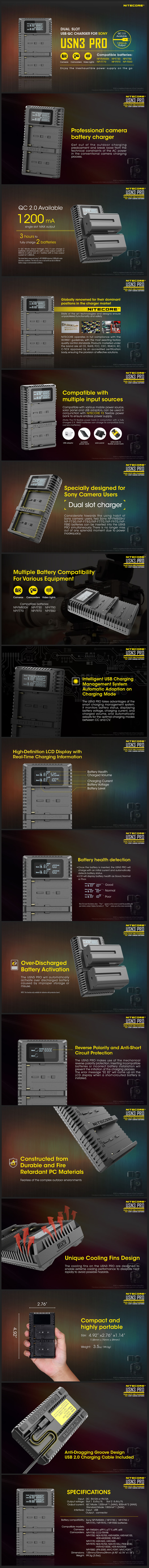 NITECORE USN3 PRO Dual Slot USB Charger for Sony Battery ที่ชาร์จแบต Sony NP-F แบบชาร์จเร็ว ชาร์จพร้อมกันได้สองก้อน หน้าจอ LED แสดงสถานะ ราคา 899 บาท