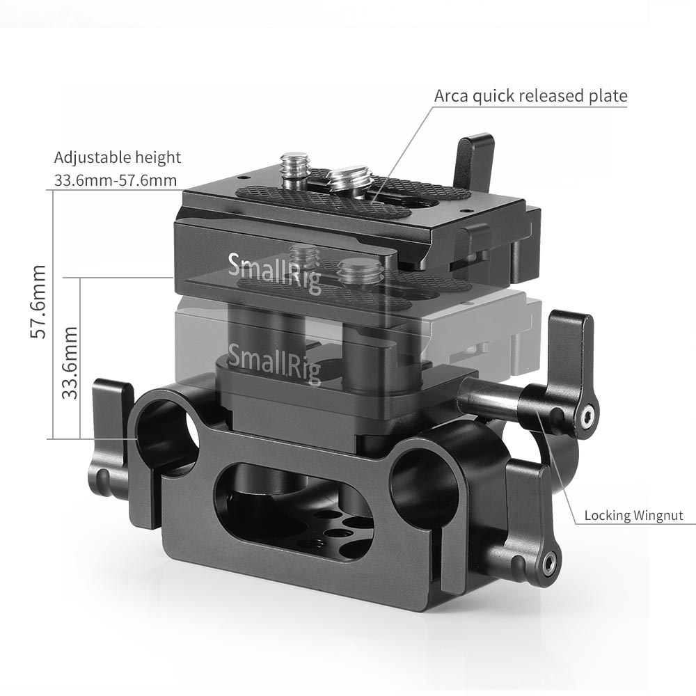 SmallRig Universal 15mm Rail Support System Baseplate 2272B Baseplate สำหรับชุดริกกล้อง พร้อมเพลท Arca ปรับความสูงได้ และที่ใส่ราง 15 มม. ราคา 3210 บาท