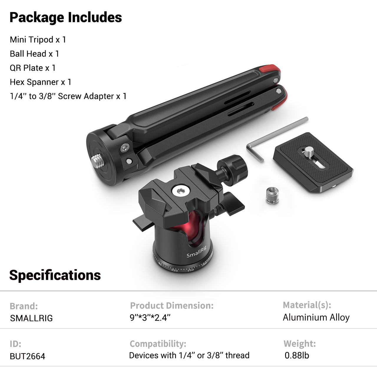 SmallRig Tabletop Mini Tripod with Panoramic Ball Head BUT2664 ขาตั้งกล้องตั้งโต๊ะ รองรับกล้อง DSLR, Mirrorless, มือถือ, แอคชั่นแคม หัวบอลแพน 360 องศา ราคา 1390 บาท