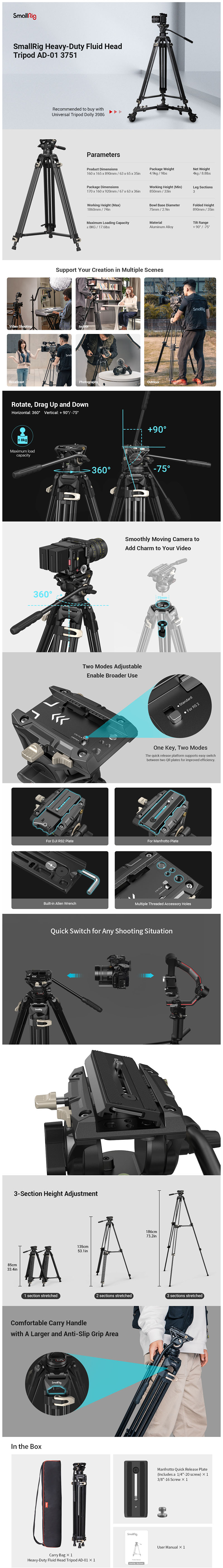 SmallRig Heavy-Duty Fluid Head Tripod AD-01 3751 ขาตั้งกล้องวิดีโอหัวน้ำมัน รองรับเพลท Manfrotto และ DJI RS2 ราคา 6090 บาท