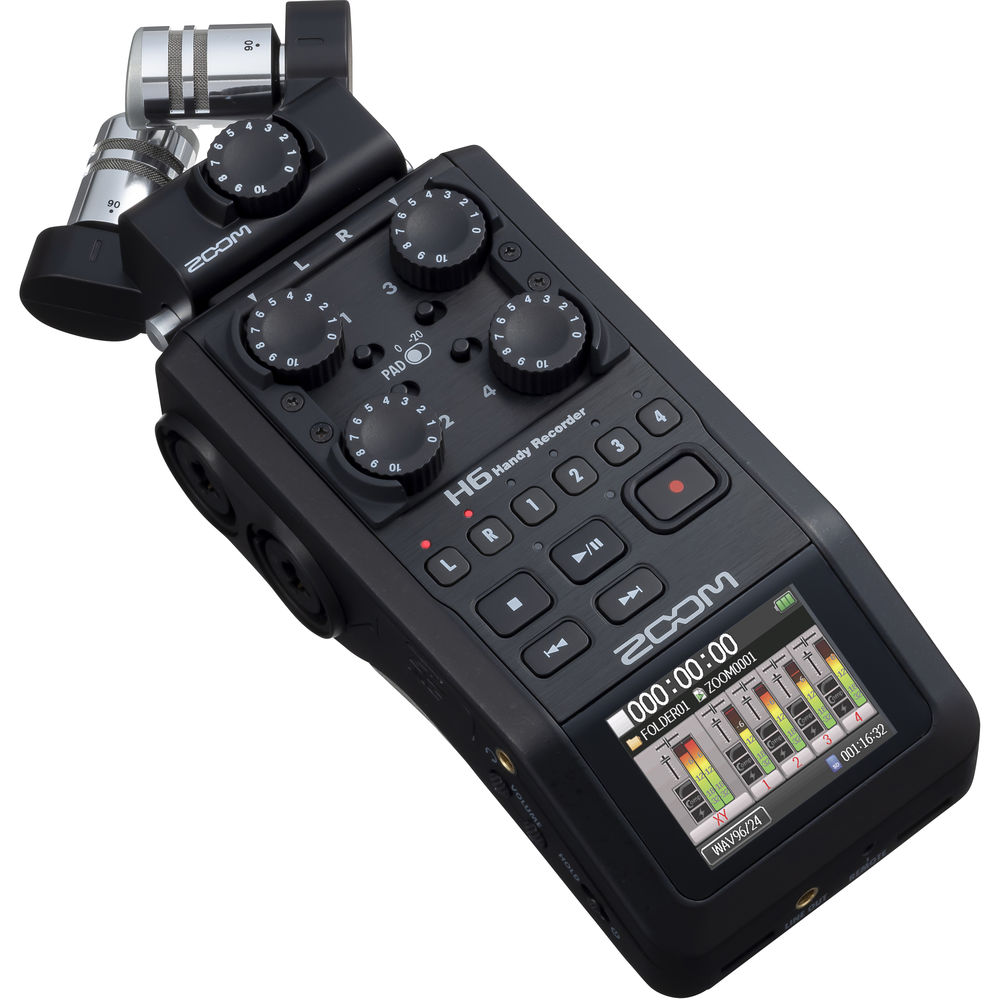 เครื่องบันทึกเสียง Zoom H6 Black Recorder หัวไมค์เปลี่ยนได้หลายรูปแบบ มีไมค์สเตอริโอให้ในชุด รองรับสัญญาณ XLR/TRS 4 แชนแนล ราคา 12000 บาท